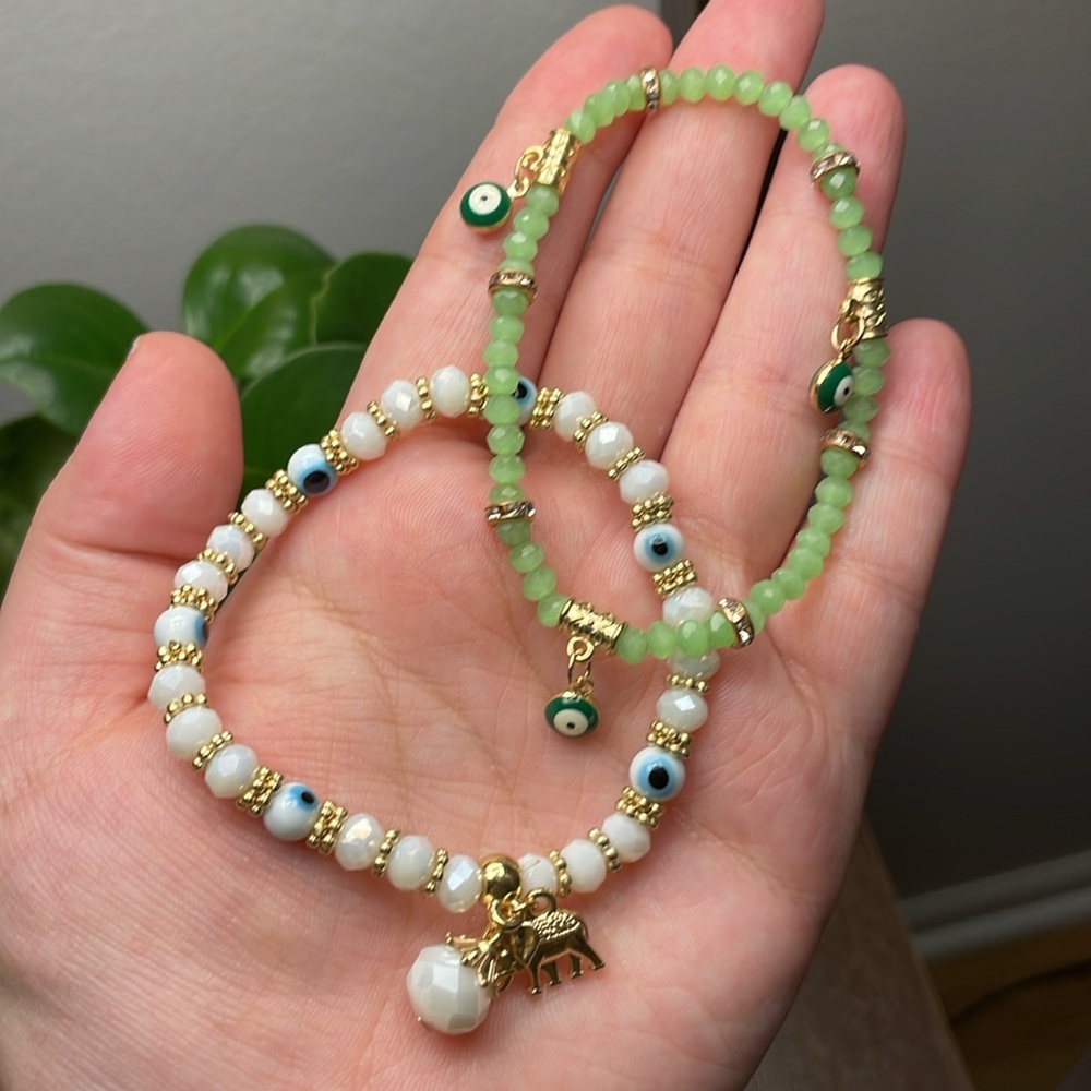 2pc LOT *NWOT* Stretchy evil eye bracelets >> green/white/gold/rhinestone